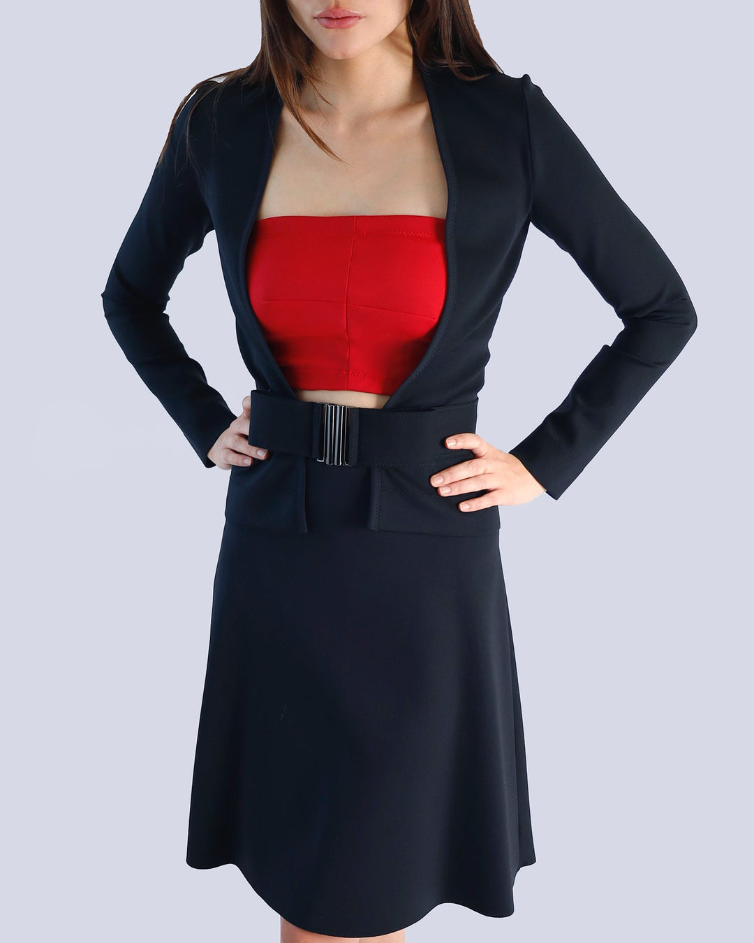 Maison Marie Saint Pierre | Skirt | MITE | Black | Cardigan | MUSE | Black | Accessory | BARTHO | Red | Belt | MESCAPIRE | Black