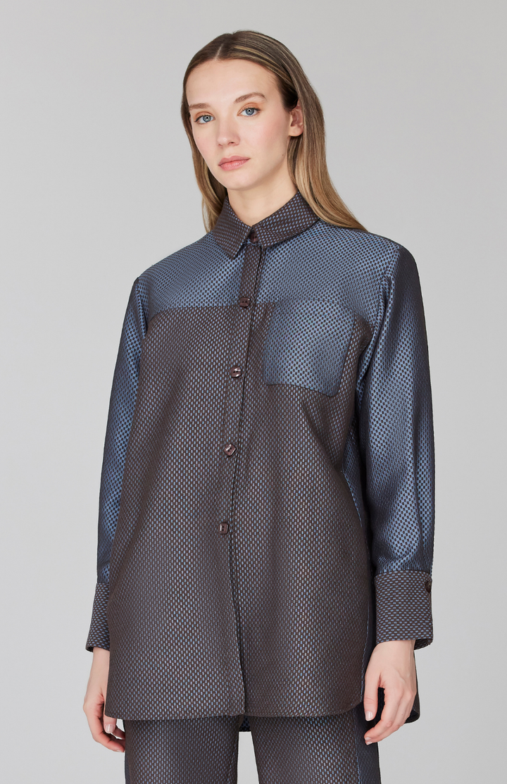 PREORDER Double Face Check Jacquard Color Block Boyfriend Shirt