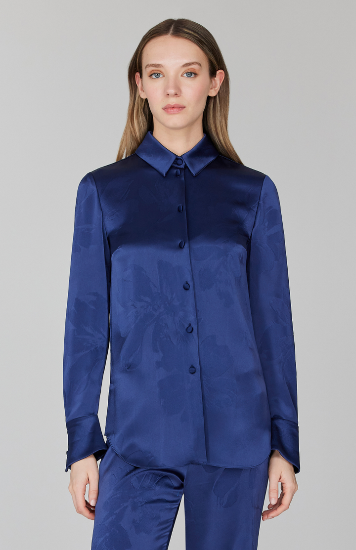 PREORDER Embossed Floral Satin Collared Shirt w/ Side Slits