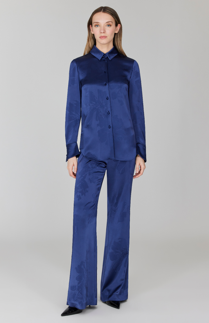 PREORDER Embossed Floral Satin Flare Pant w/ Back Zip