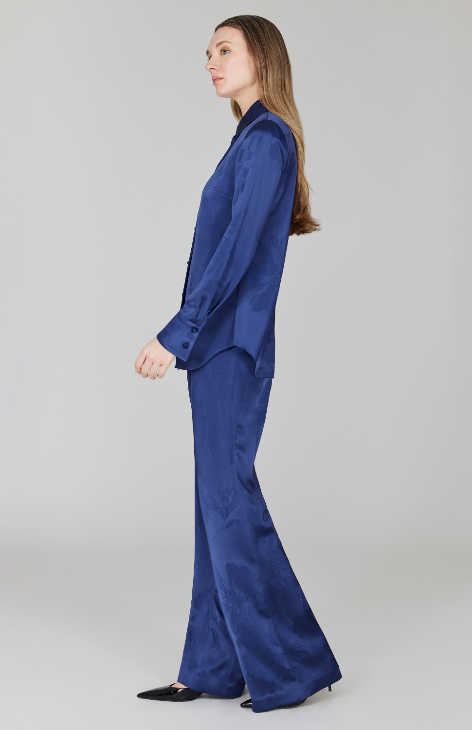 PREORDER Embossed Floral Satin Collared Shirt w/ Side Slits