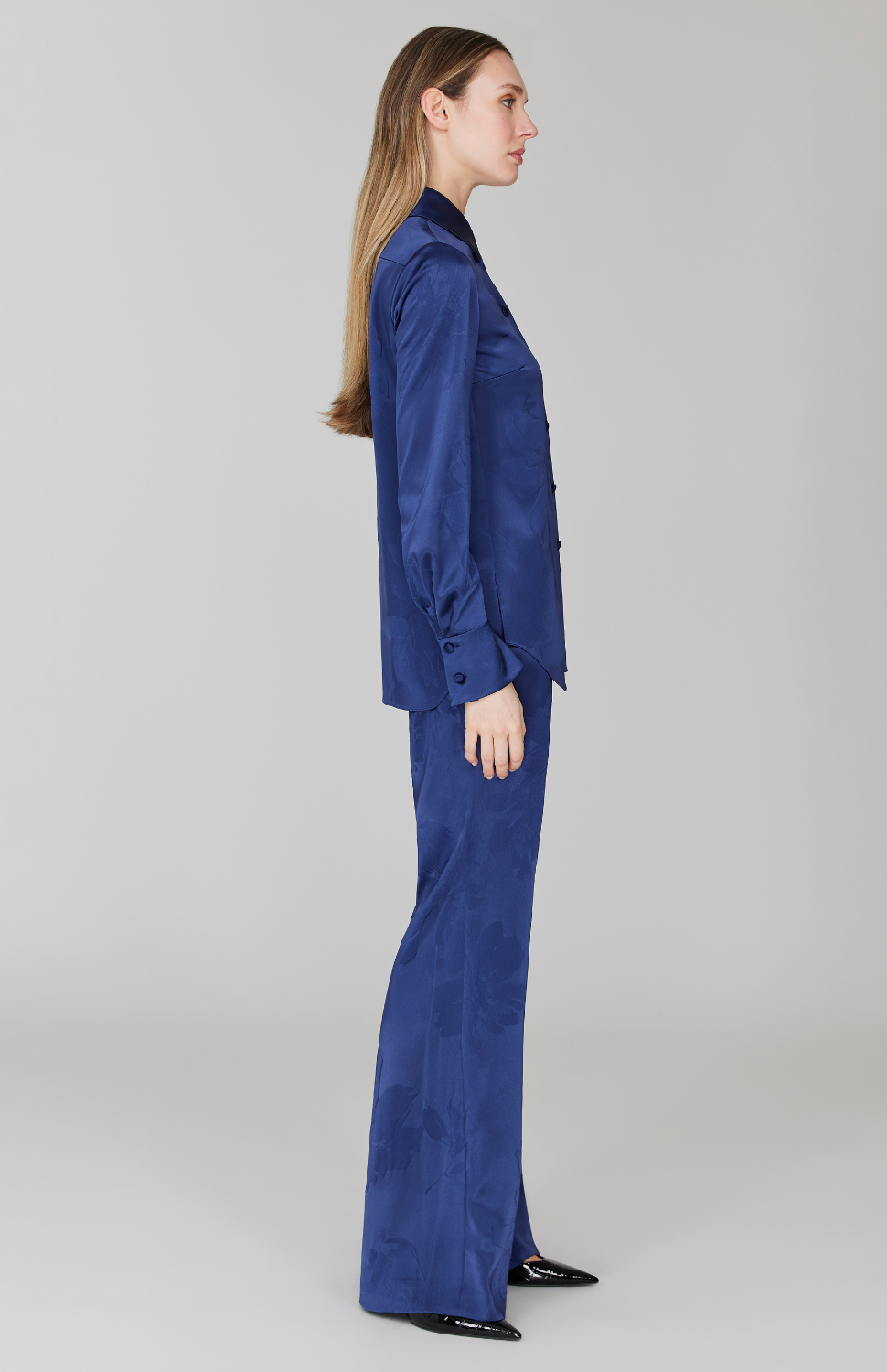 PREORDER Embossed Floral Satin Flare Pant w/ Back Zip