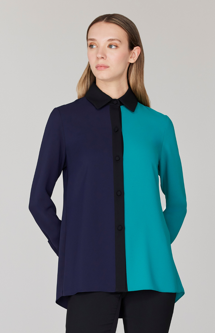 Lustrous Crepe Color Block Back Overlap Shirt
