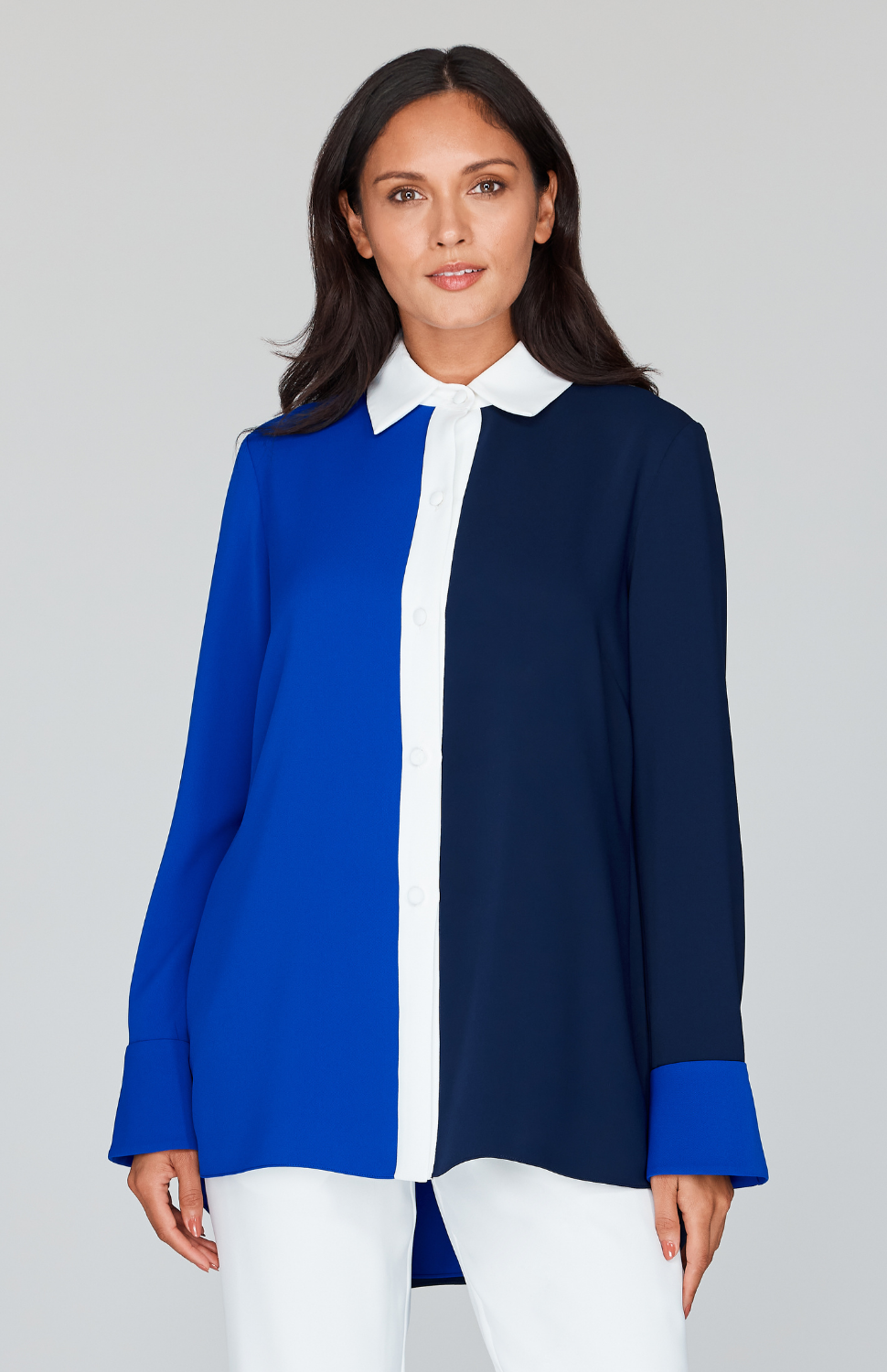 Lustrous Crepe Color Block Back Overlap Shirt