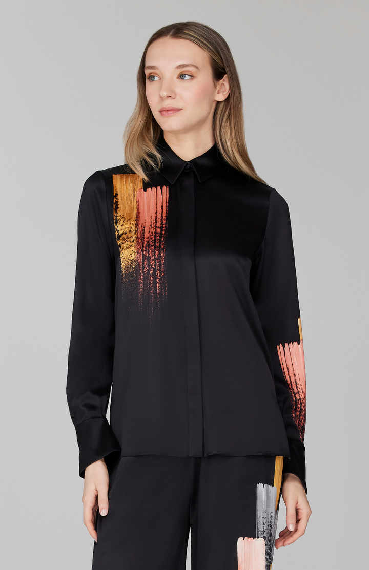 PREORDER Brush Stroke Print Collared Blouse w/ Relaxed Sleeve