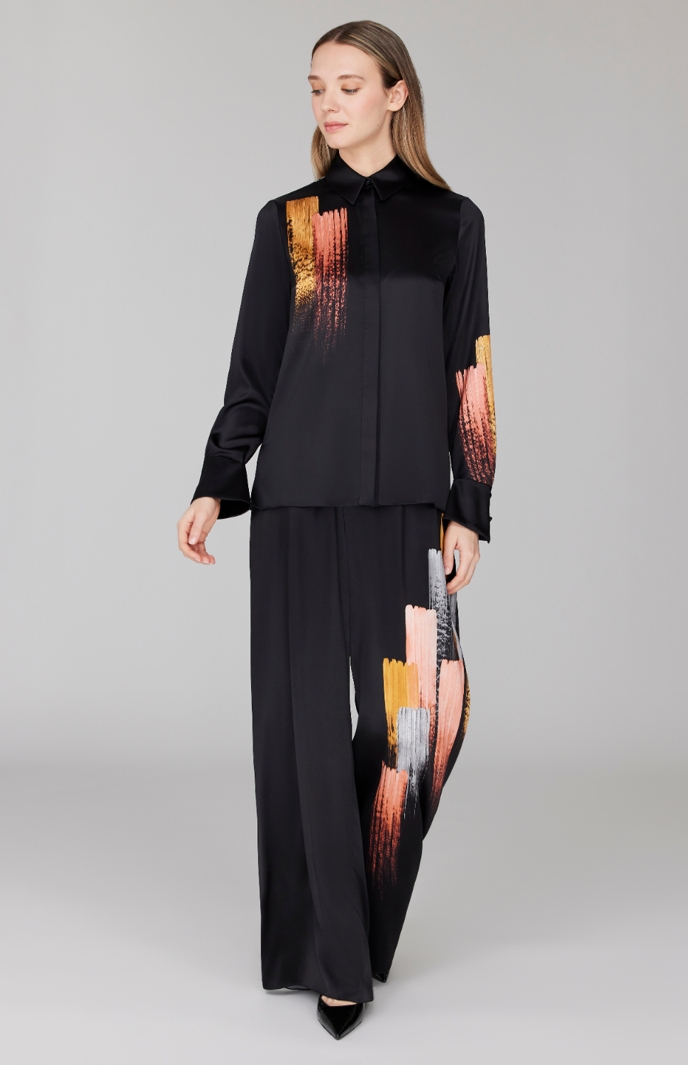 PREORDER Brush Stroke Print Collared Blouse w/ Relaxed Sleeve