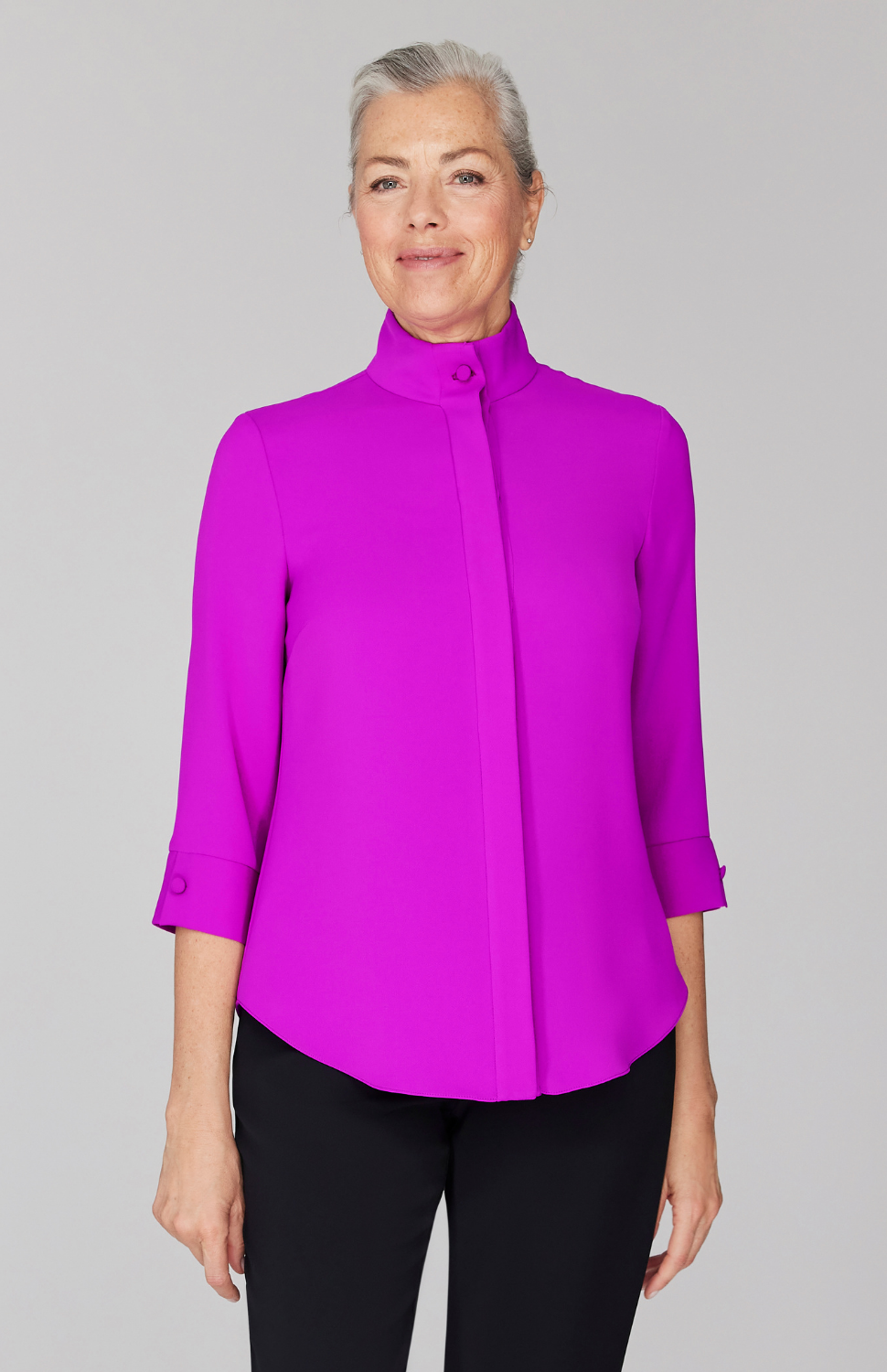 Fabienne is 5' 9" and wearing Magenta in size XS.