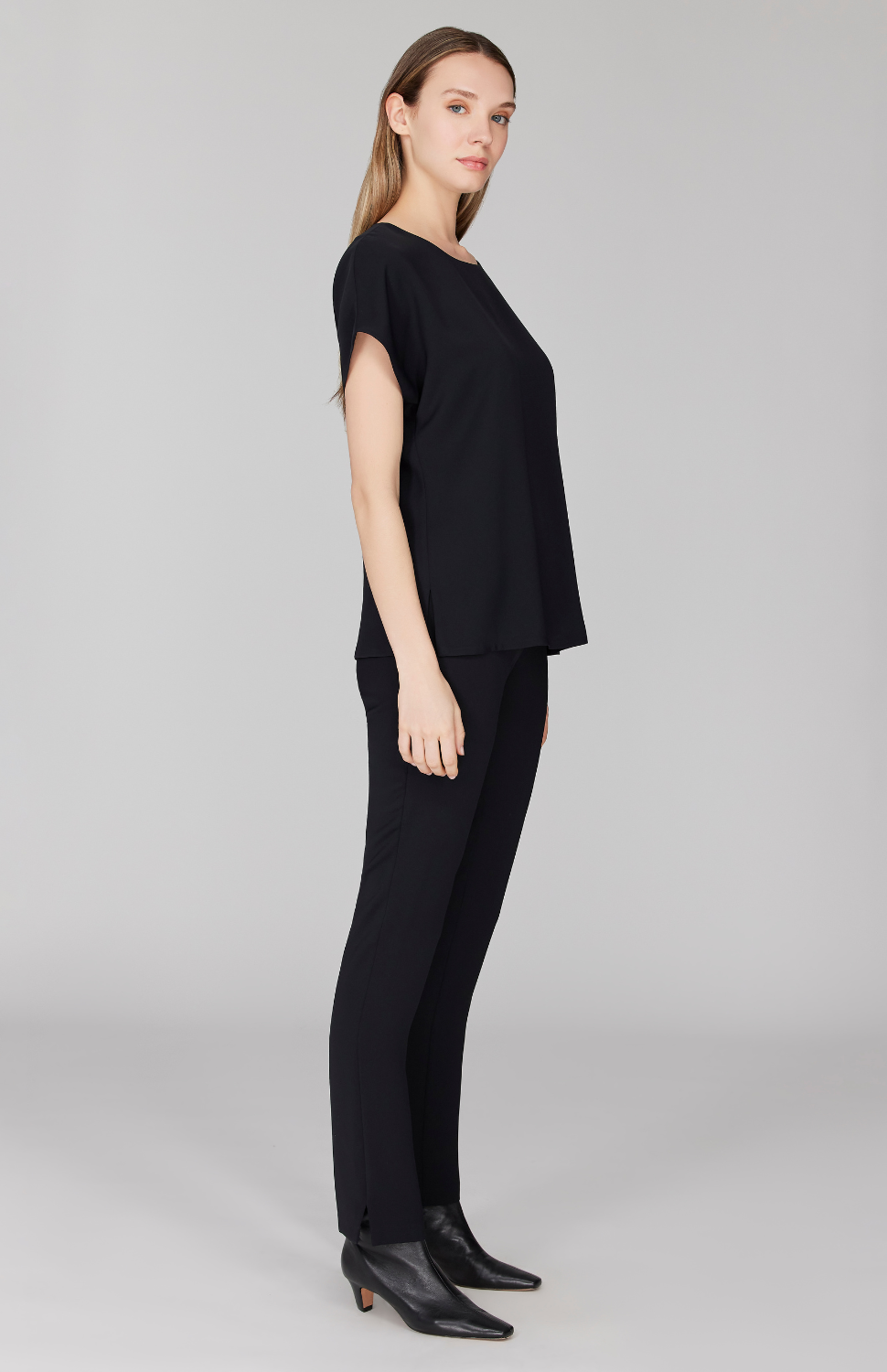 Lustrous Crepe Essential Narrow Leg Pant w/Flat Front, Back Elastic, & Slimmest Fit