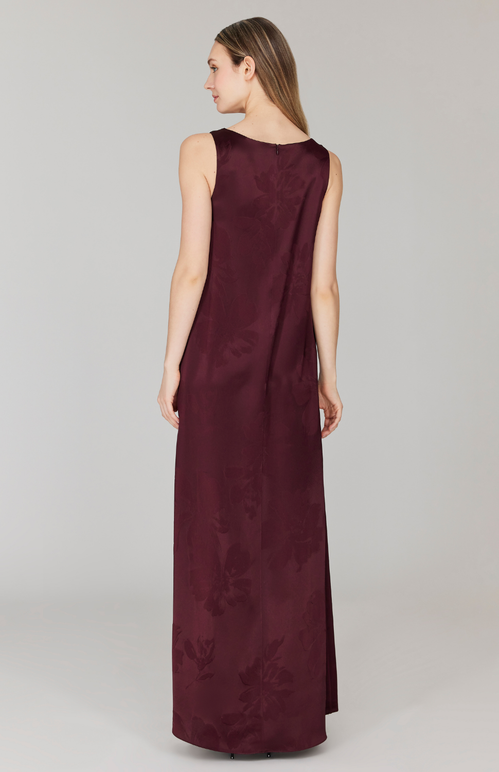 PREORDER Embossed Floral Satin Drape Front Trapeze Gown