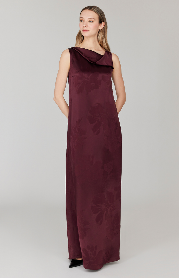 PREORDER Embossed Floral Satin Drape Front Trapeze Gown