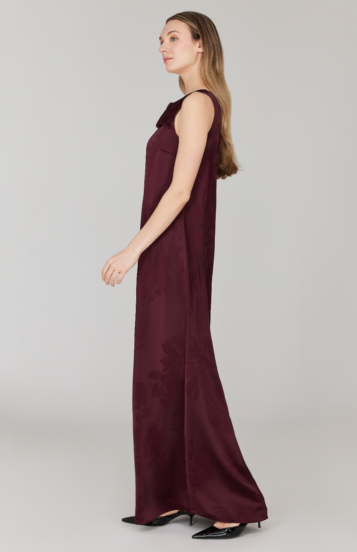 PREORDER Embossed Floral Satin Drape Front Trapeze Gown