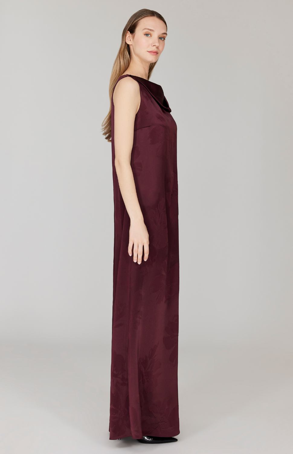 PREORDER Embossed Floral Satin Drape Front Trapeze Gown