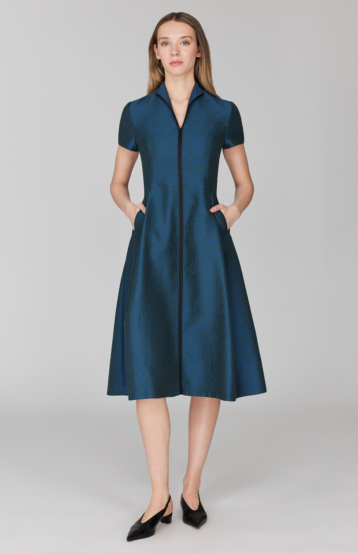 PREORDER Double Face Check Jacquard High Neck Fit & Flare Dress