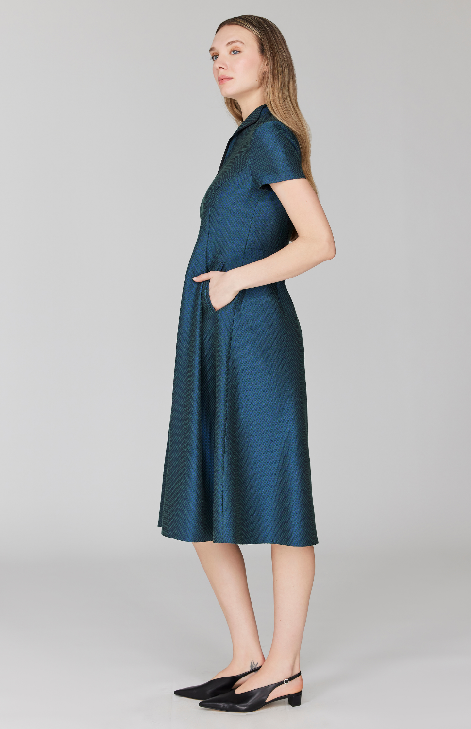 PREORDER Double Face Check Jacquard High Neck Fit & Flare Dress