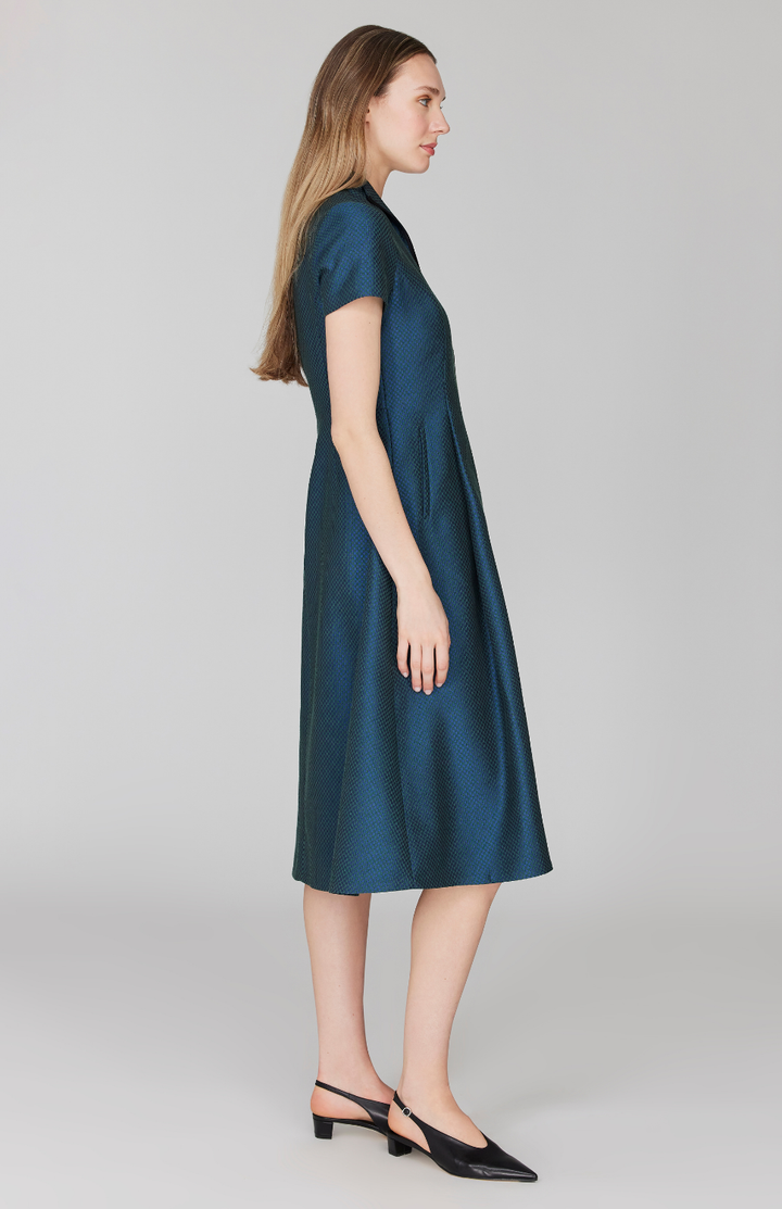 PREORDER Double Face Check Jacquard High Neck Fit & Flare Dress