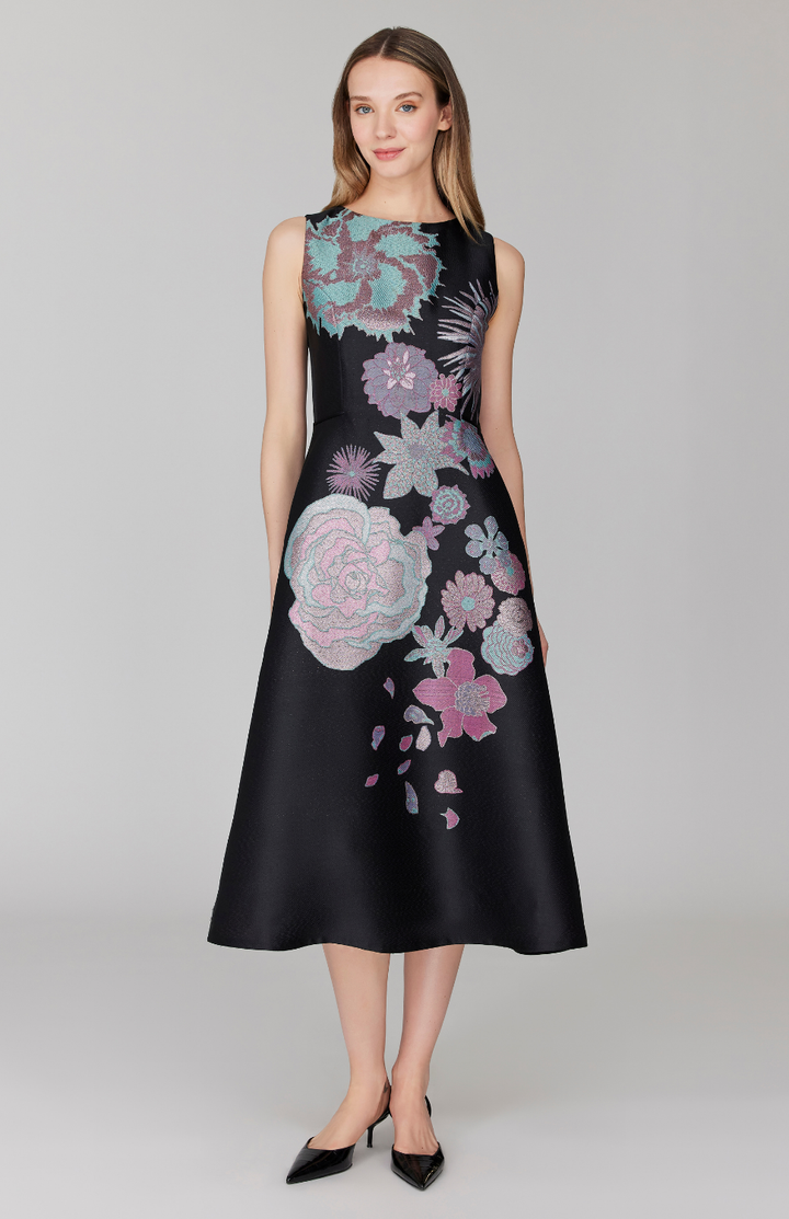 PREORDER Metallic Scattered Flora Sleeveless Fit & Flare Dress