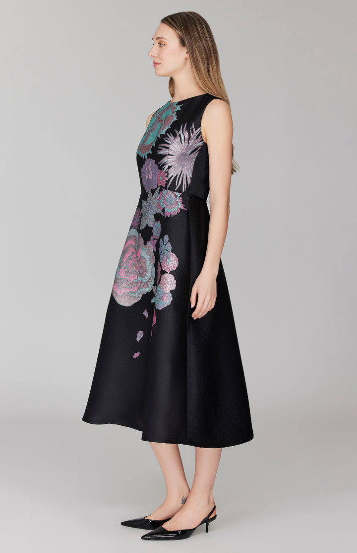 PREORDER Metallic Scattered Flora Sleeveless Fit & Flare Dress