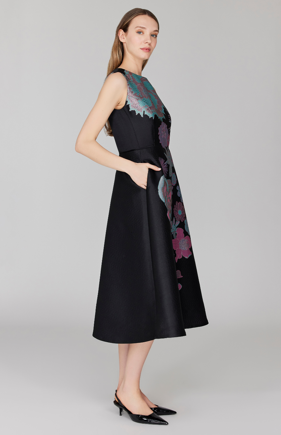 PREORDER Metallic Scattered Flora Sleeveless Fit & Flare Dress