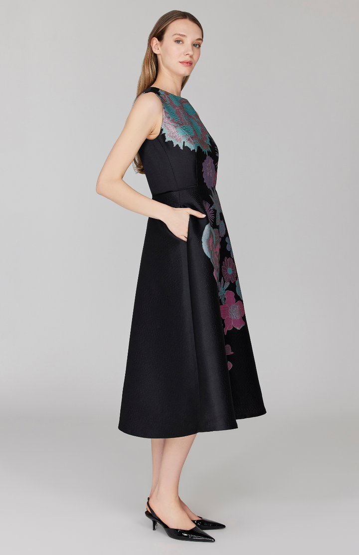 PREORDER Metallic Scattered Flora Sleeveless Fit & Flare Dress