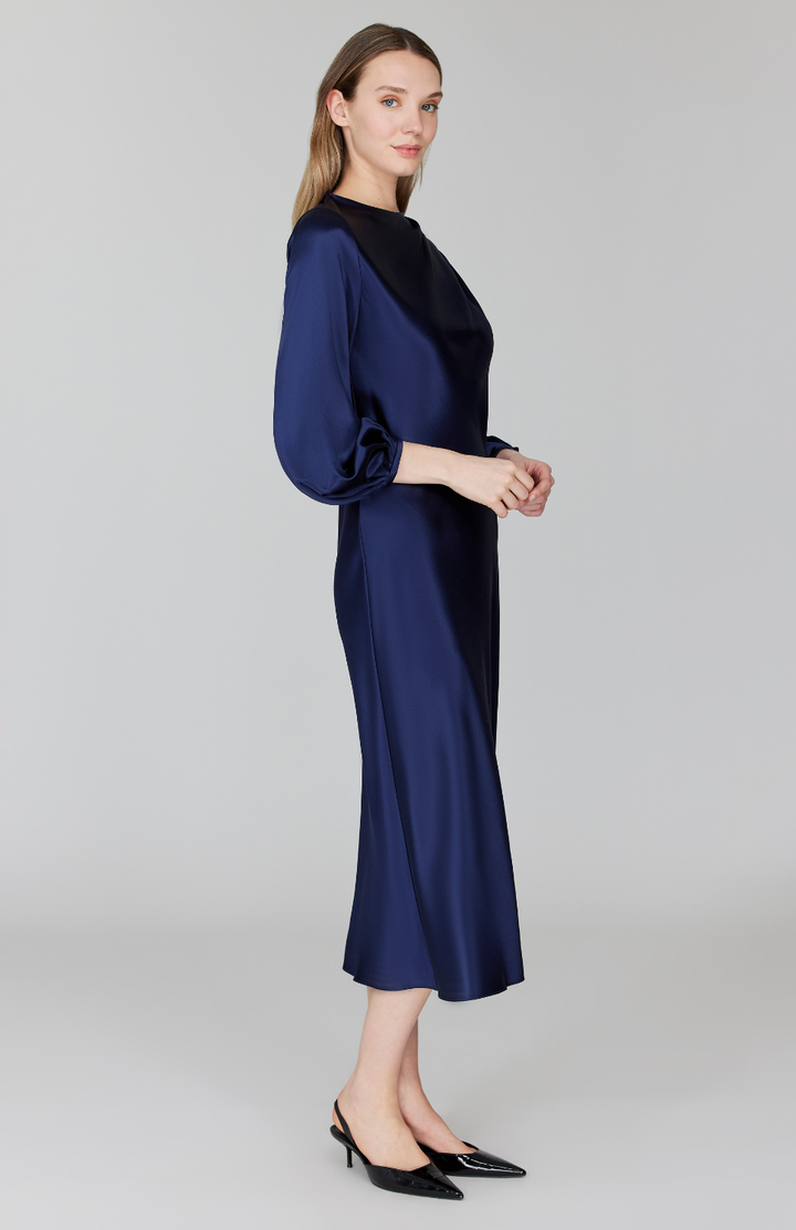 Satin Long Sleeve Bias Dress w/ Asymmetric Pleating