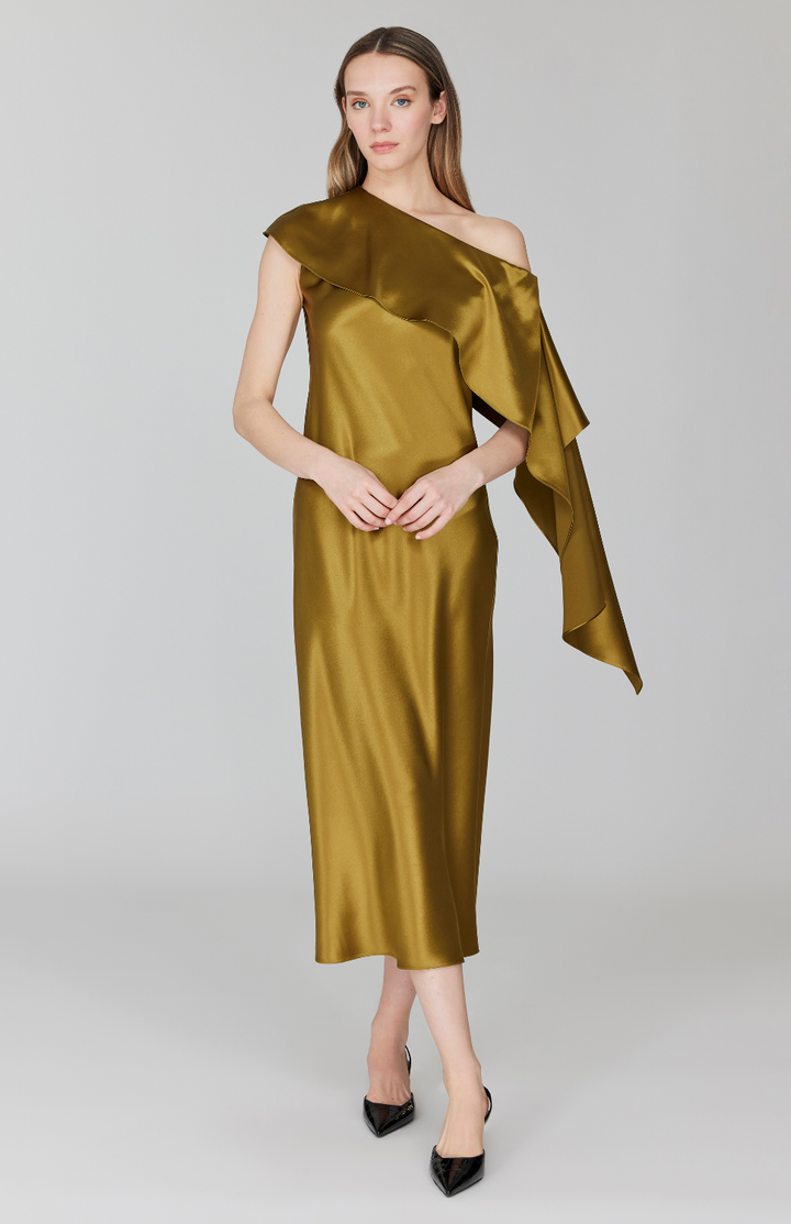 Satin Asymmetric Off The Shoulder Bias Dress