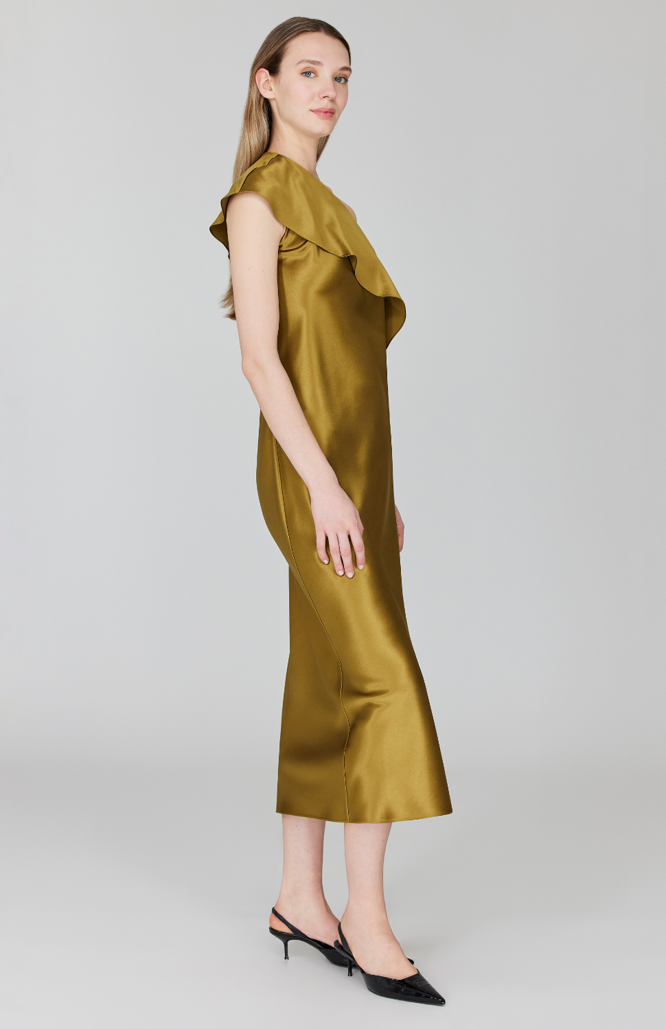Satin Asymmetric Off The Shoulder Bias Dress