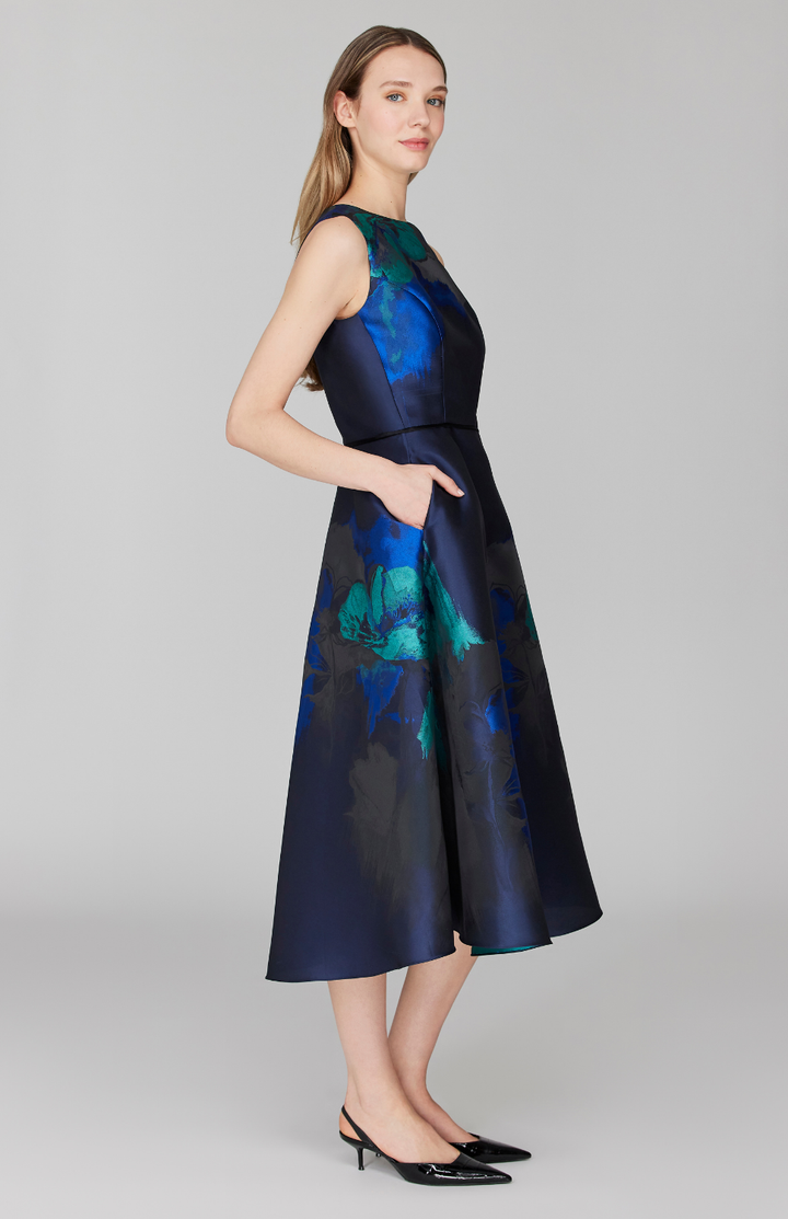 Watercolor Floral Jacquard Sleeveless Fit &amp; Flare Dress