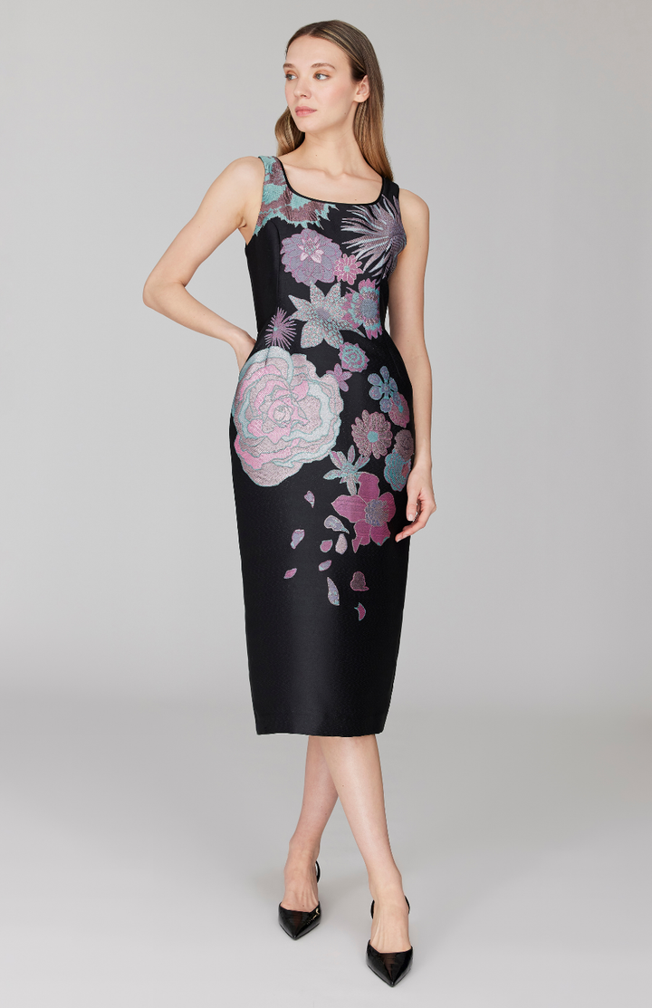 PREORDER Metallic Scattered Flora Long Fitted Dress w/ Satin Bias