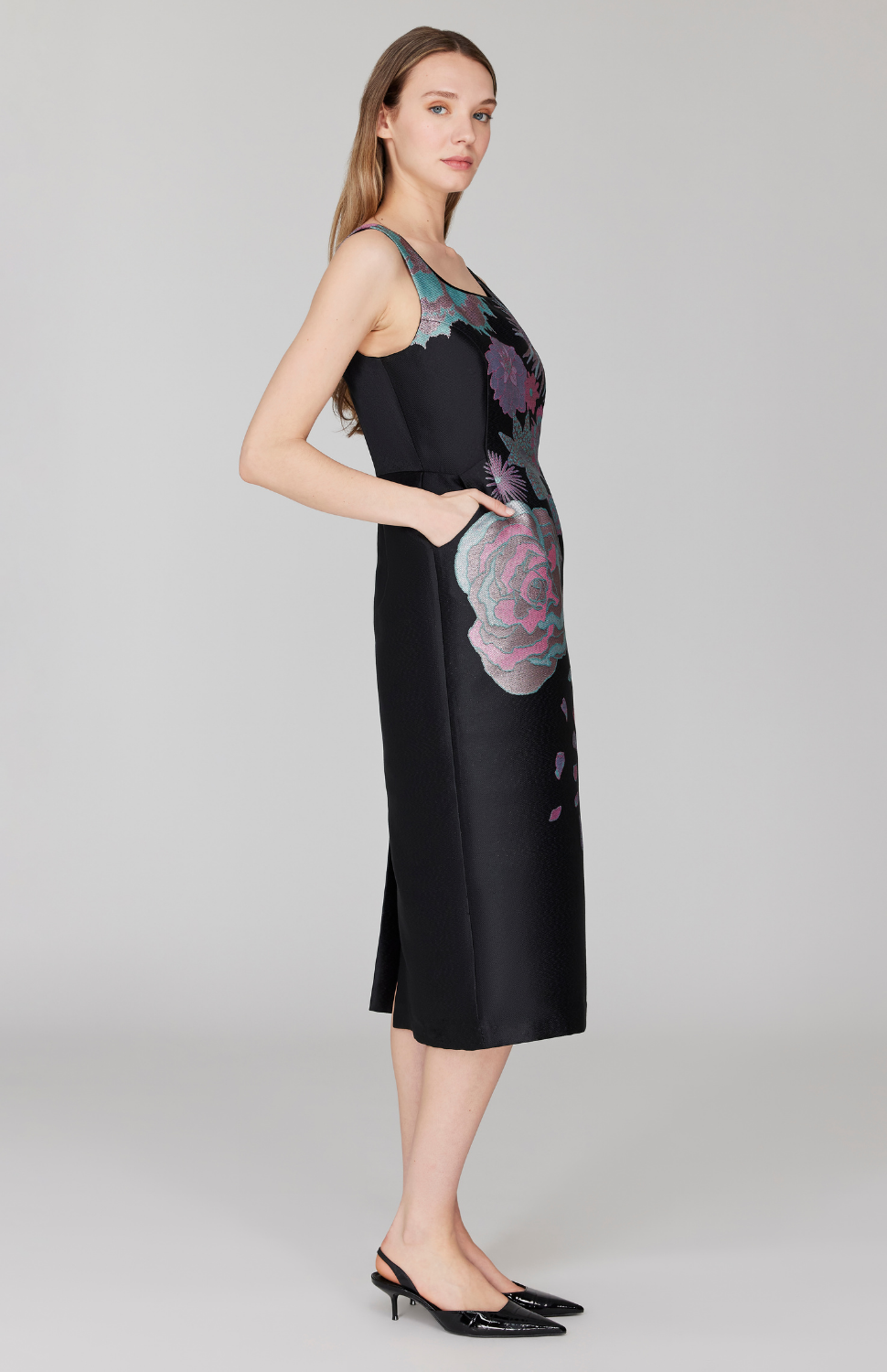 PREORDER Metallic Scattered Flora Long Fitted Dress w/ Satin Bias