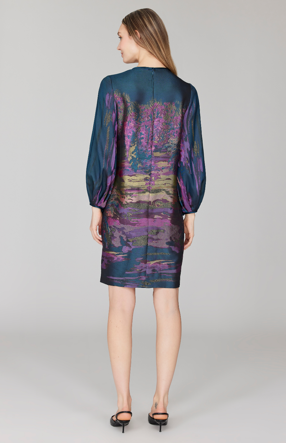 PREORDER Dusk Landscape Jacquard Shift Dress w/ Long Gathered Sleeve