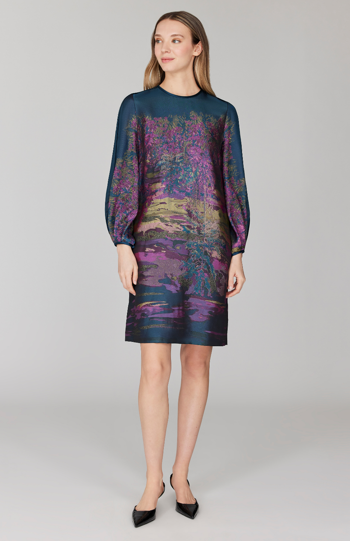PREORDER Dusk Landscape Jacquard Shift Dress w/ Long Gathered Sleeve