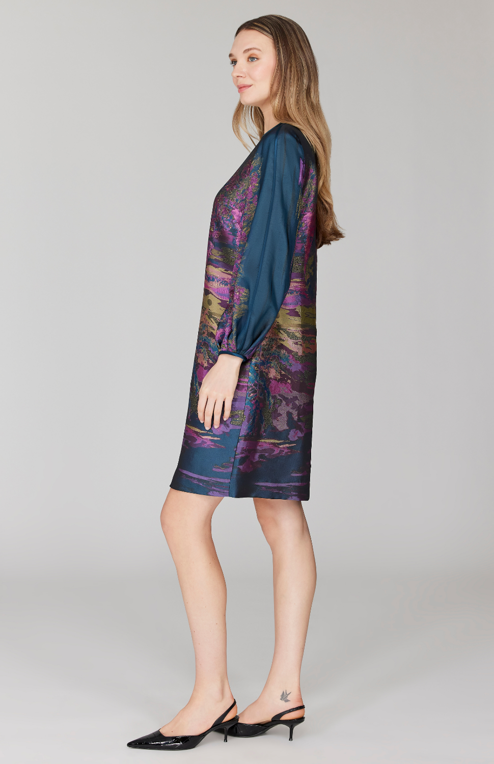 PREORDER Dusk Landscape Jacquard Shift Dress w/ Long Gathered Sleeve