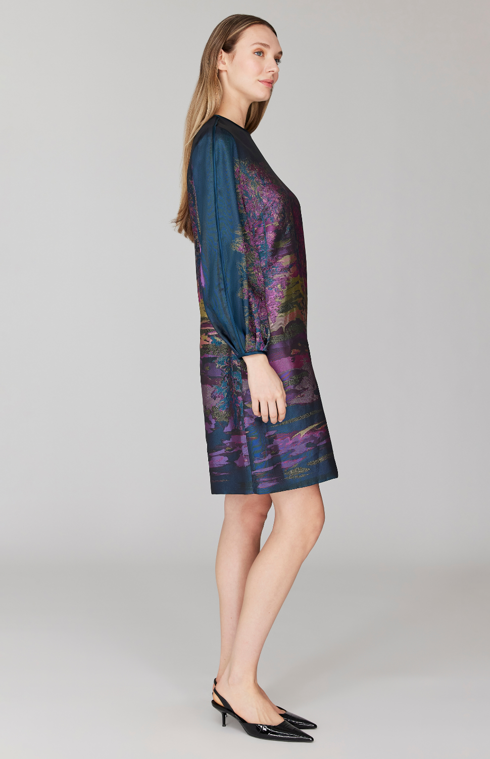 PREORDER Dusk Landscape Jacquard Shift Dress w/ Long Gathered Sleeve