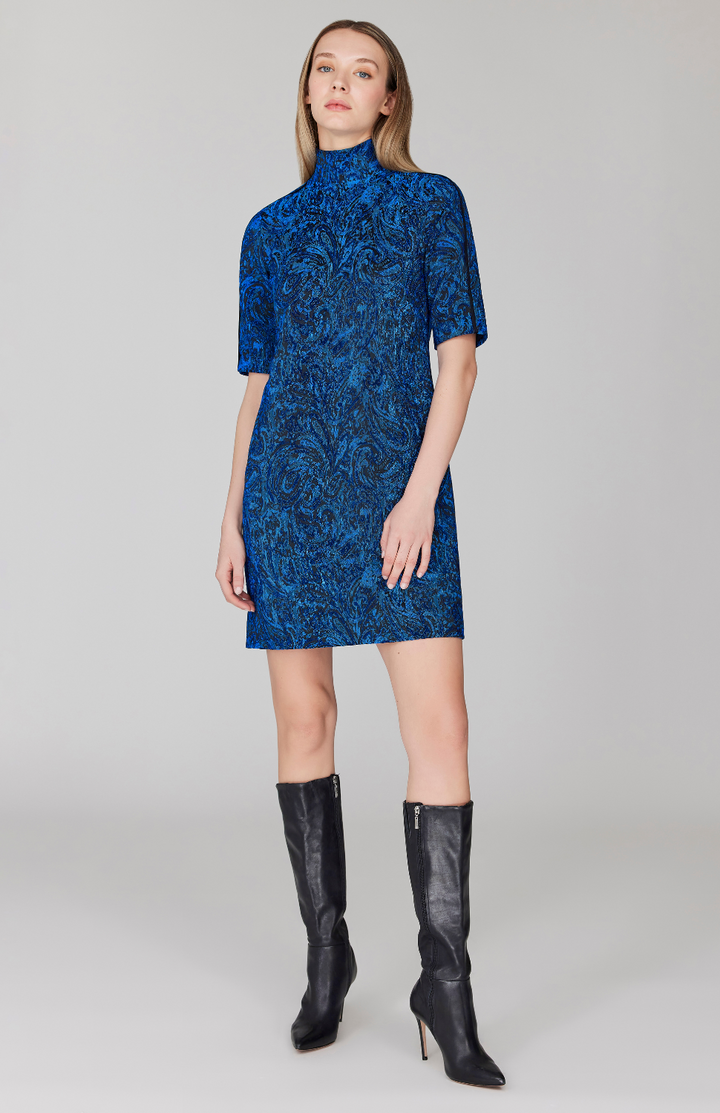 Paisley Stretch Jacquard Turtleneck Shift Dress w/ Bias