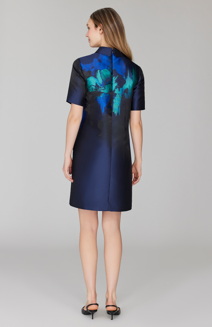Watercolor Floral Jacquard Short Sleeve Collared Shift Dress