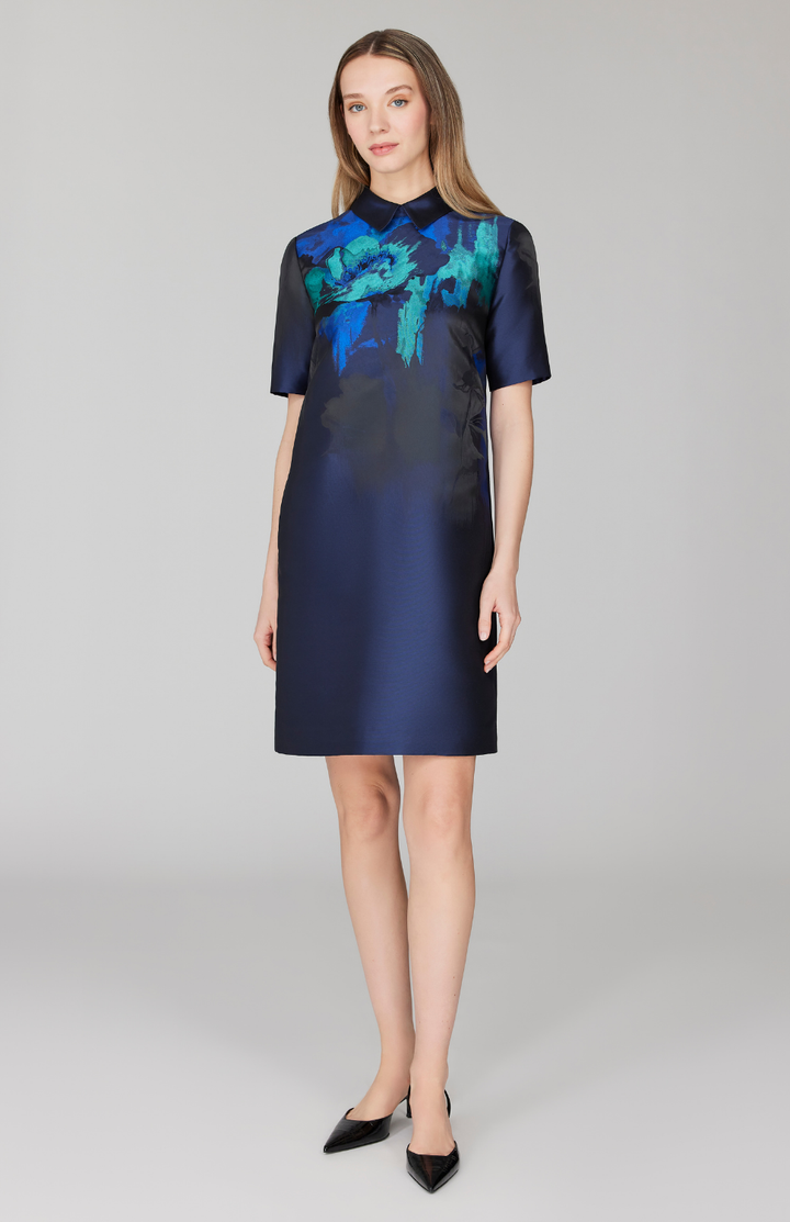 Watercolor Floral Jacquard Short Sleeve Collared Shift Dress