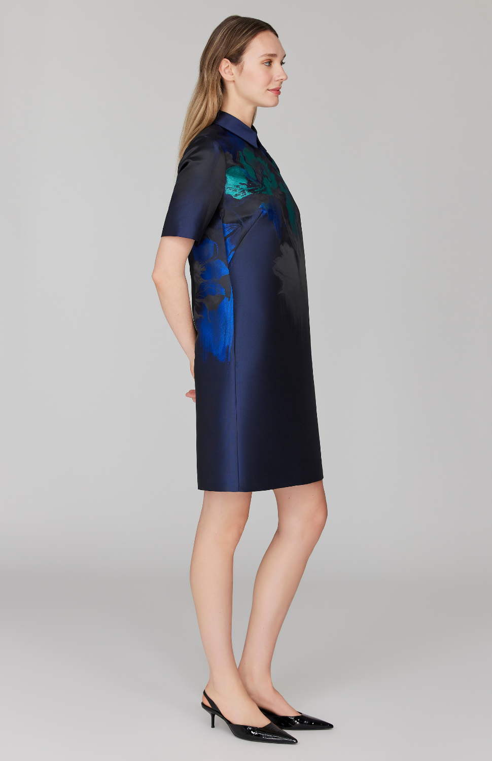 Watercolor Floral Jacquard Short Sleeve Collared Shift Dress
