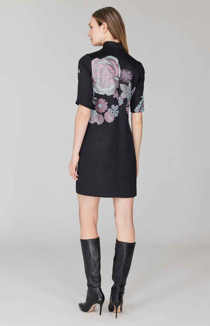 PREORDER Metallic Scattered Flora Turtleneck Shift Dress w/ Satin Bias