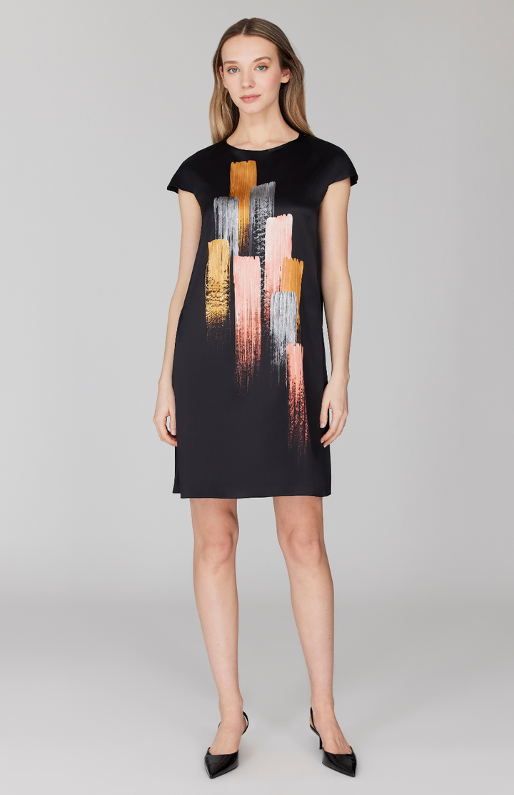 PREORDER Brush Stroke Print Short Cap Sleeve Trapeze Dress