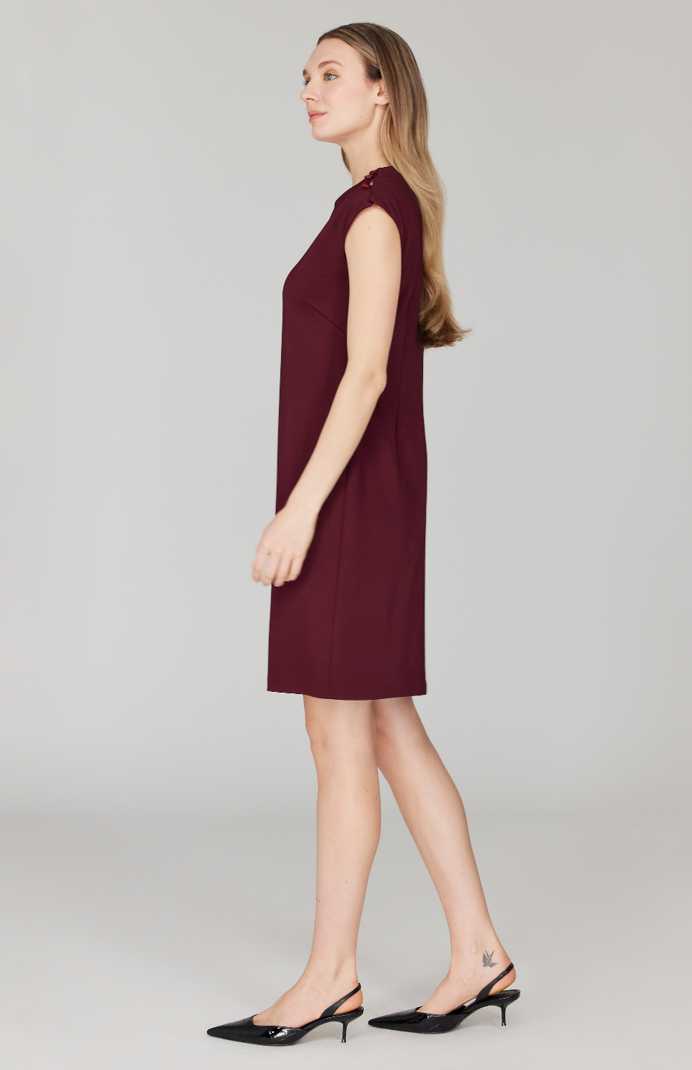 Matte Jersey Fitted Dress w/ Shoulder Buttons