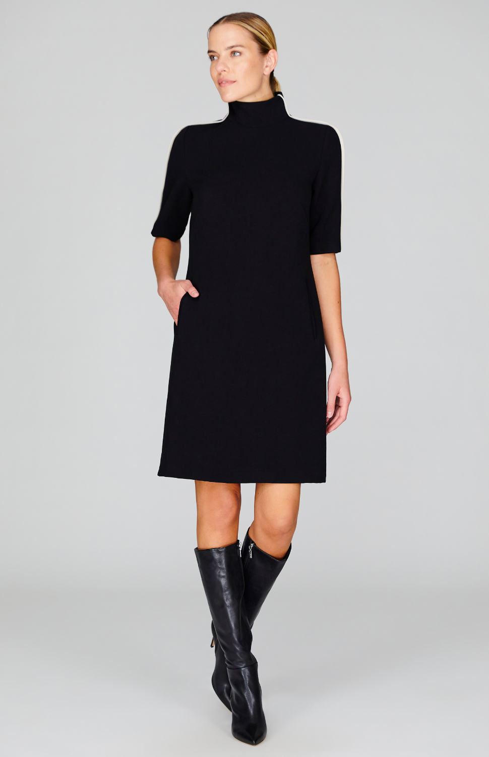 Double Face Turtleneck Shift Dress w/Contrast Bias