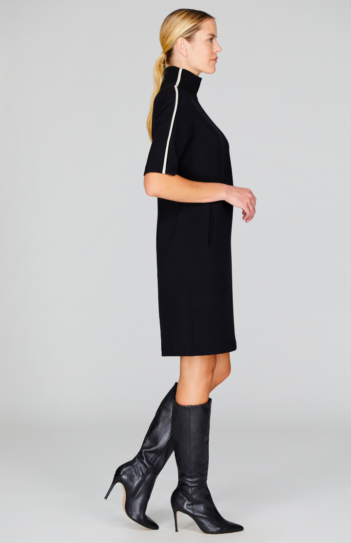 Double Face Turtleneck Shift Dress w/Contrast Bias