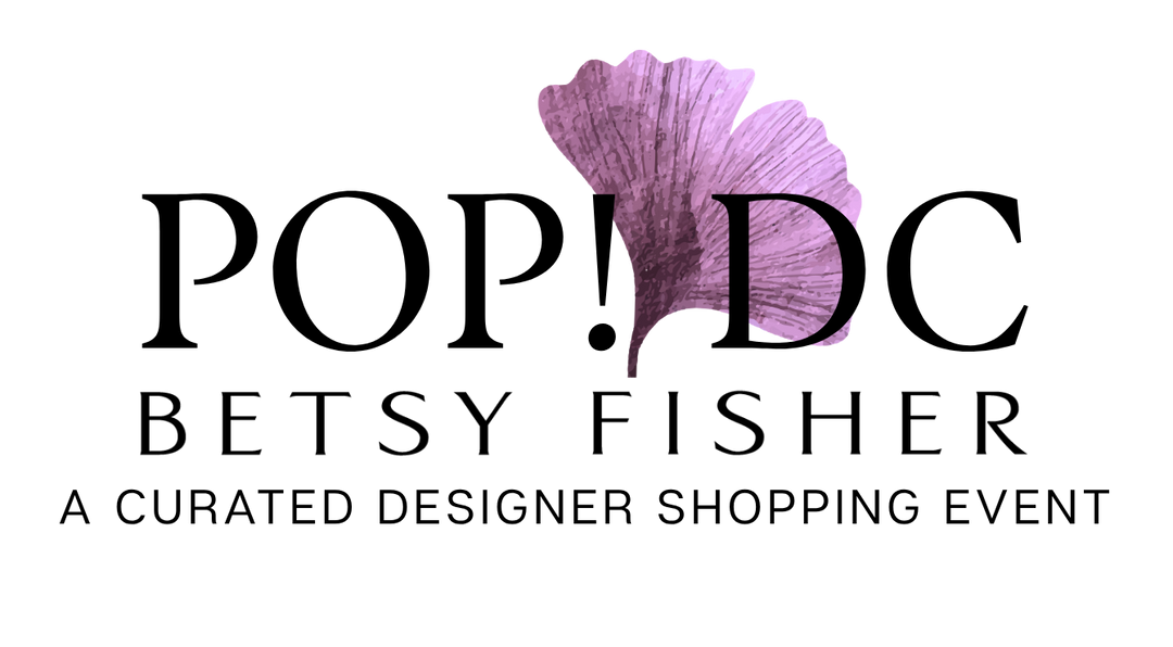 A white square graphic with the text 'POP! DC' in large black letters, 'BETSY FISHER' below, and 'A CURATED DESIGNER SHOPPING EVENT' at the bottom. A purple ginkgo leaf graphic appears above the 'O' in POP! DC.