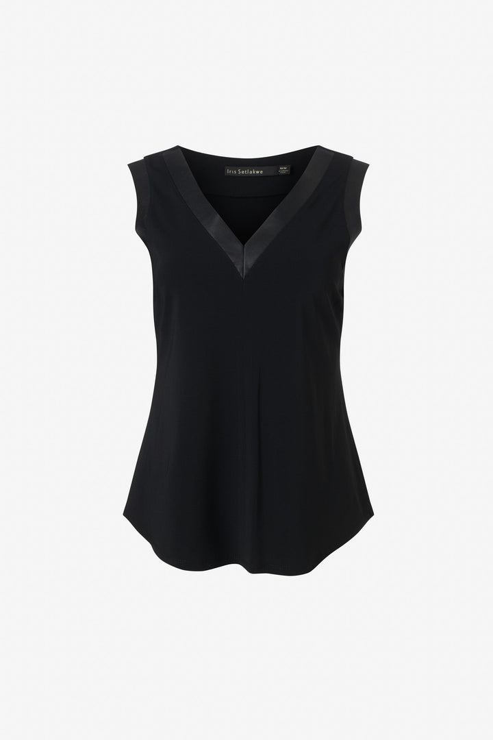 Sleeveless top with vegan leather V neck