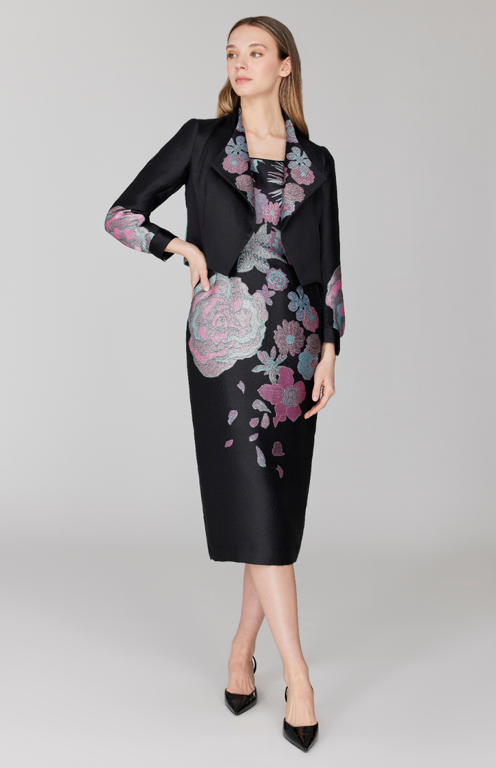 PREORDER Metallic Scattered Flora Long Fitted Dress w/ Satin Bias