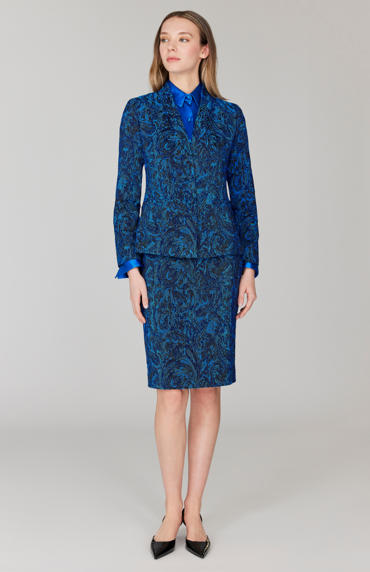 Paisley Stretch Jacquard Narrow Skirt w/ Back Kick Pleat