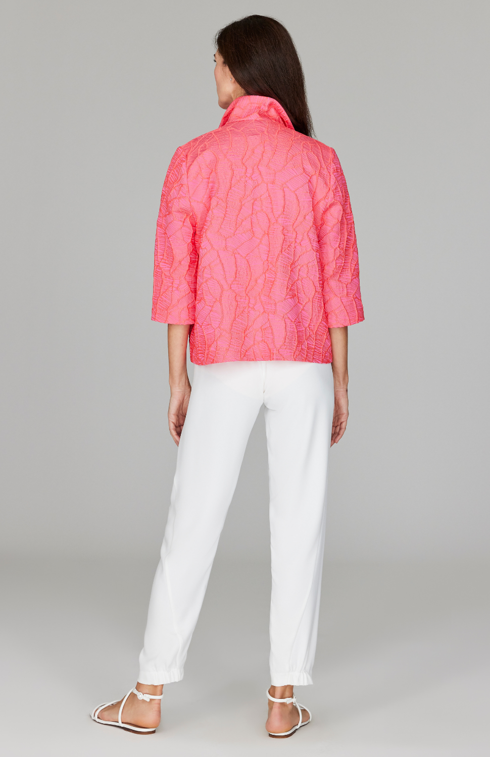 Abstract Botanic Stretch Jacquard Short Boxy Jacket w/ Pocket Detail