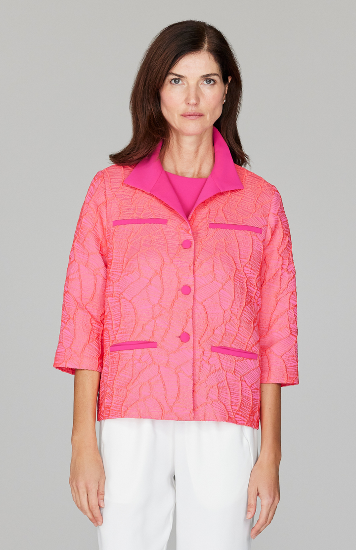 Abstract Botanic Stretch Jacquard Short Boxy Jacket w/ Pocket Detail