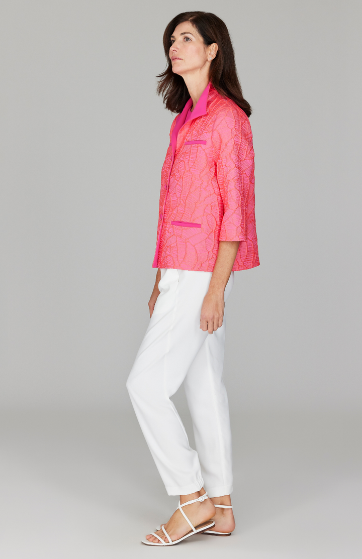 Abstract Botanic Stretch Jacquard Short Boxy Jacket w/ Pocket Detail