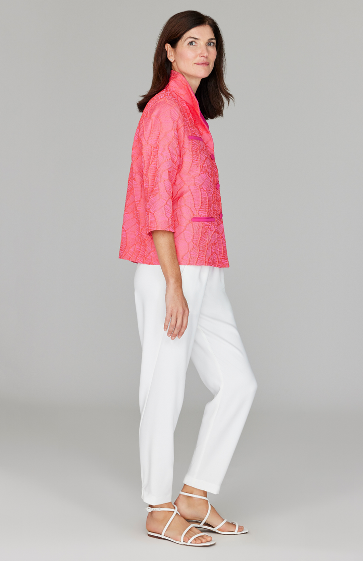 Abstract Botanic Stretch Jacquard Short Boxy Jacket w/ Pocket Detail